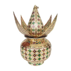 Golden Flower Designed S.S. Meenakari Kalash-Coconut With 4 Leaves-G.M.
